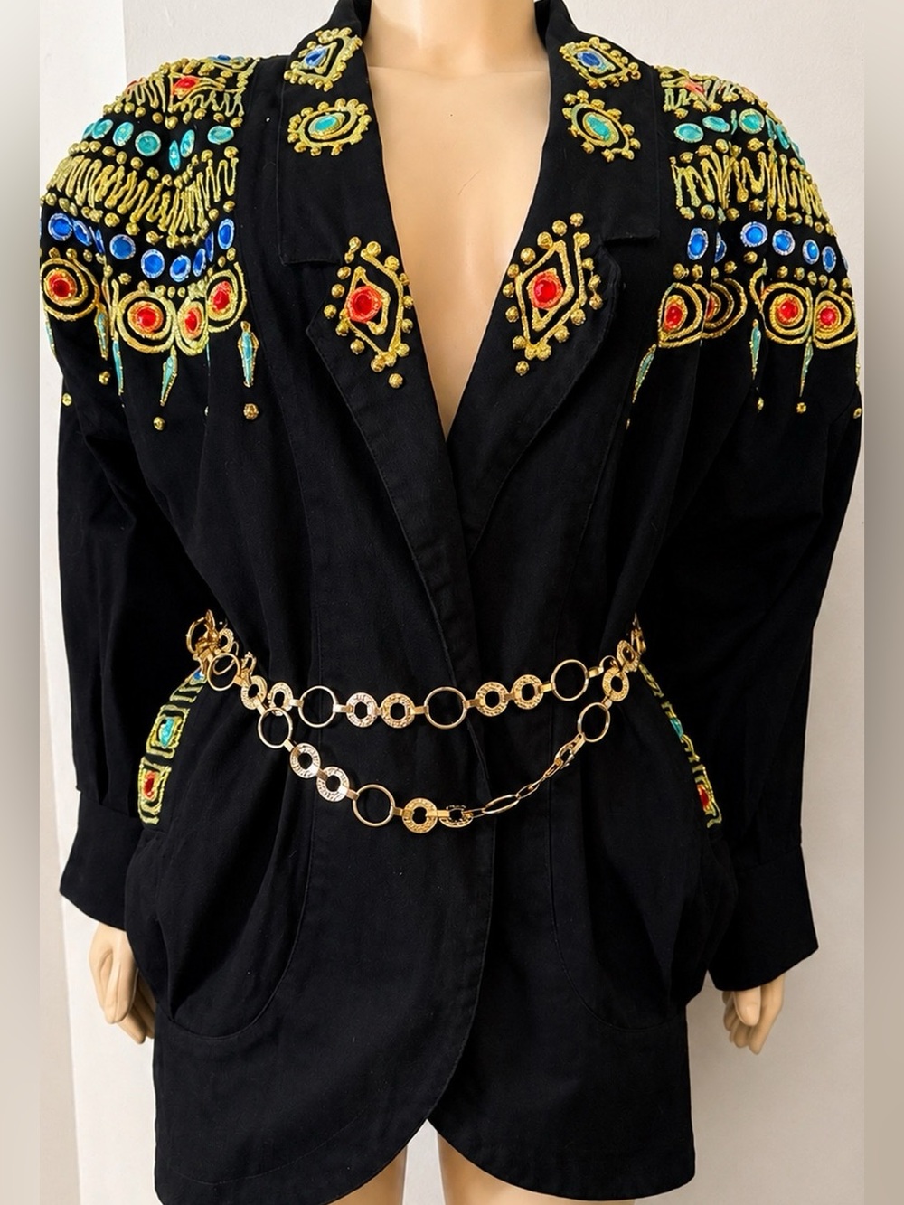Vintage Laura Rogers Originals Hand Painted Embellished Maximalist Black Blazer